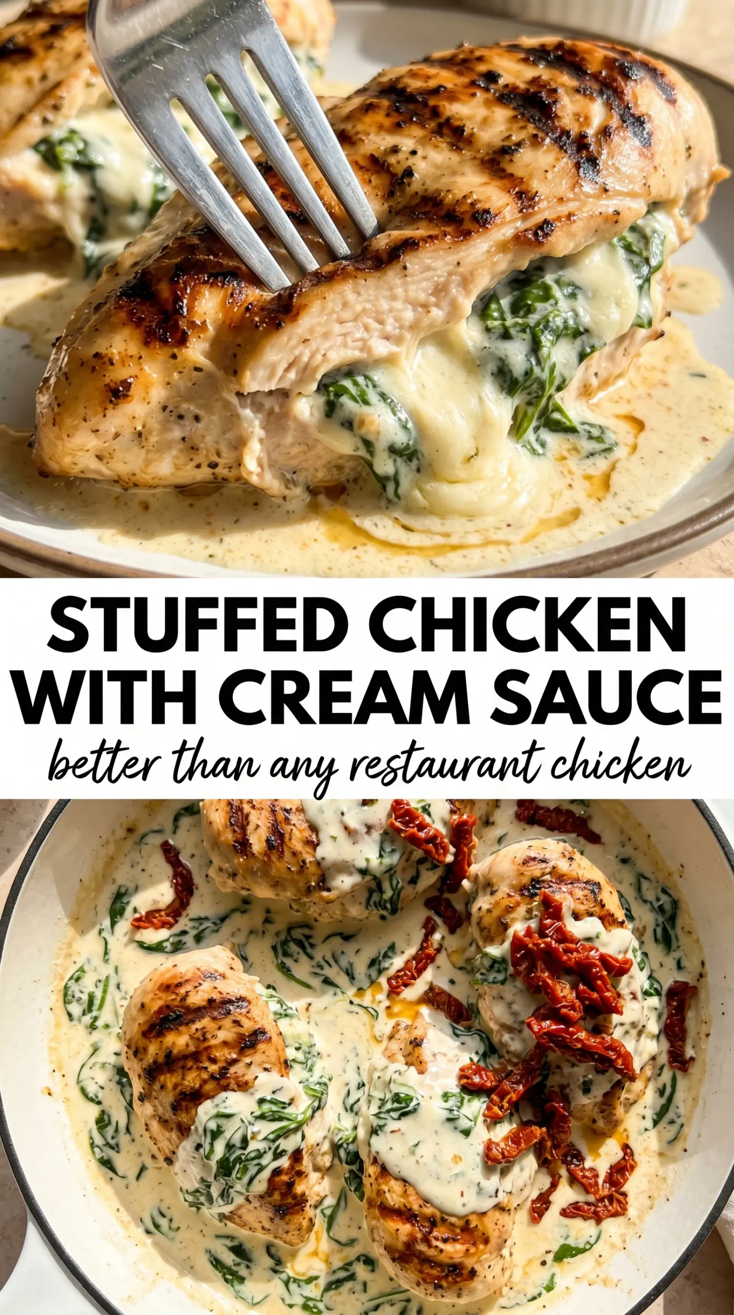 Grilled Stuffed Chicken with Cream Sauce chicken spinach feta sun-dried tomatoes