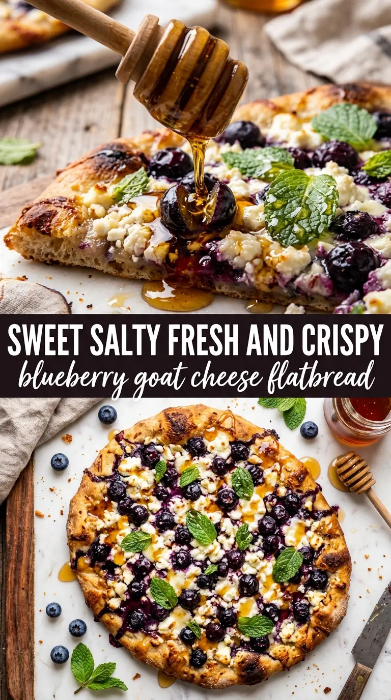 Blueberry Goat Cheese Flatbread with Mint and Honey, rustic, sweet-savory