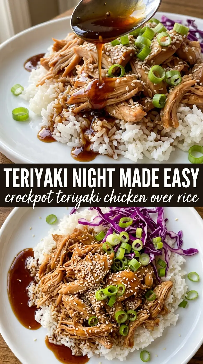 Crockpot Teriyaki Chicken glossy shredded chicken