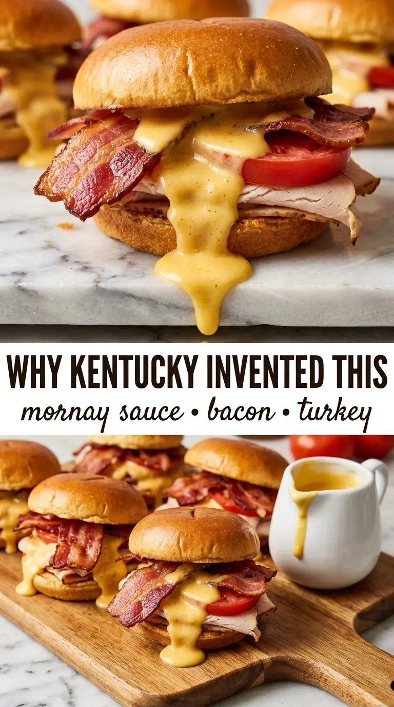 Kentucky Hot Brown Sliders with Mornay sauce, bacon, and toasty edges