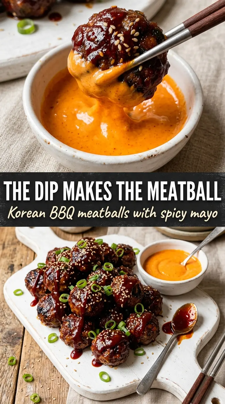Korean BBQ Meatballs with Spicy Mayo Dip, sticky glazed, sesame