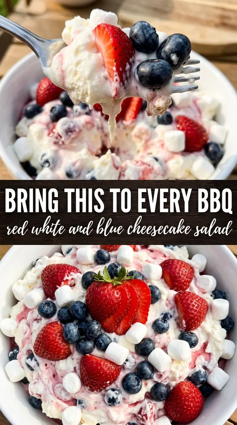 Red, White and Blue Cheesecake Salad creamy berries marshmallows