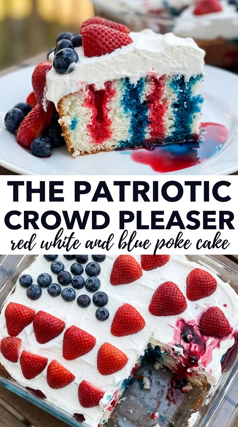 Red, White and Blue Poke Cake with Jell-O stripes, whipped topping, festive