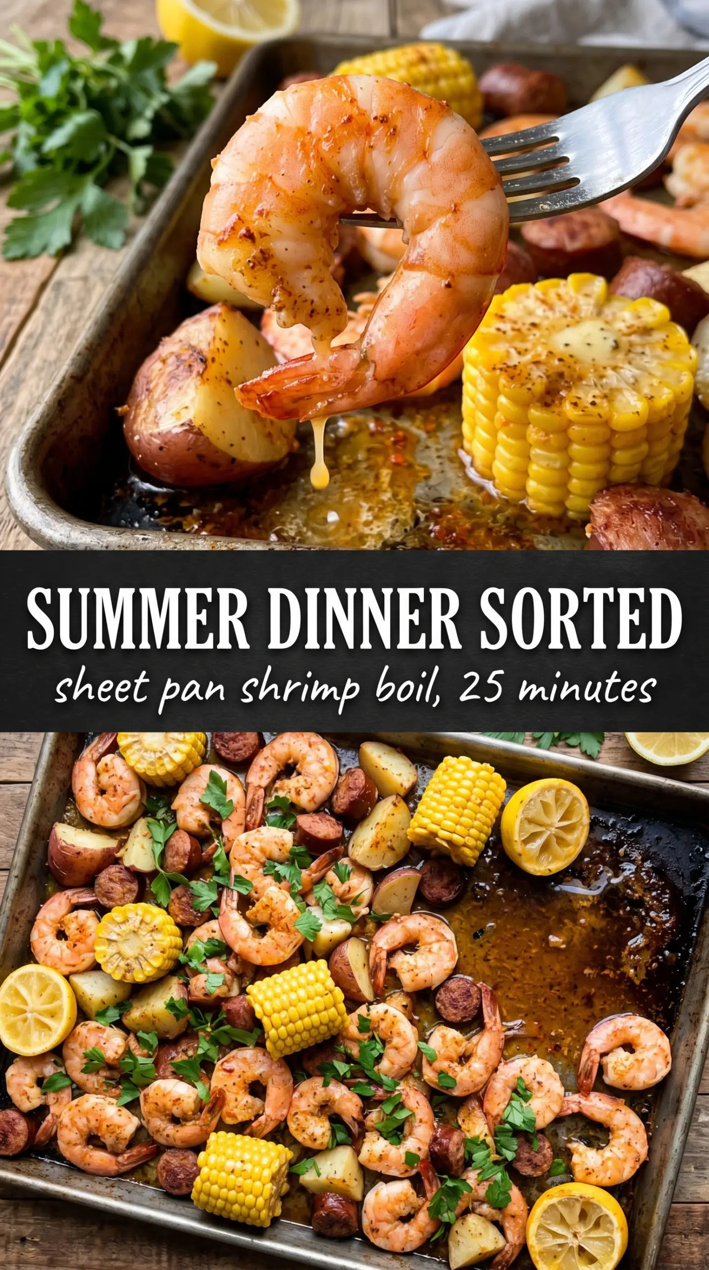 Sheet Pan Shrimp Boil colorful caramelized seafood, sausage, and corn
