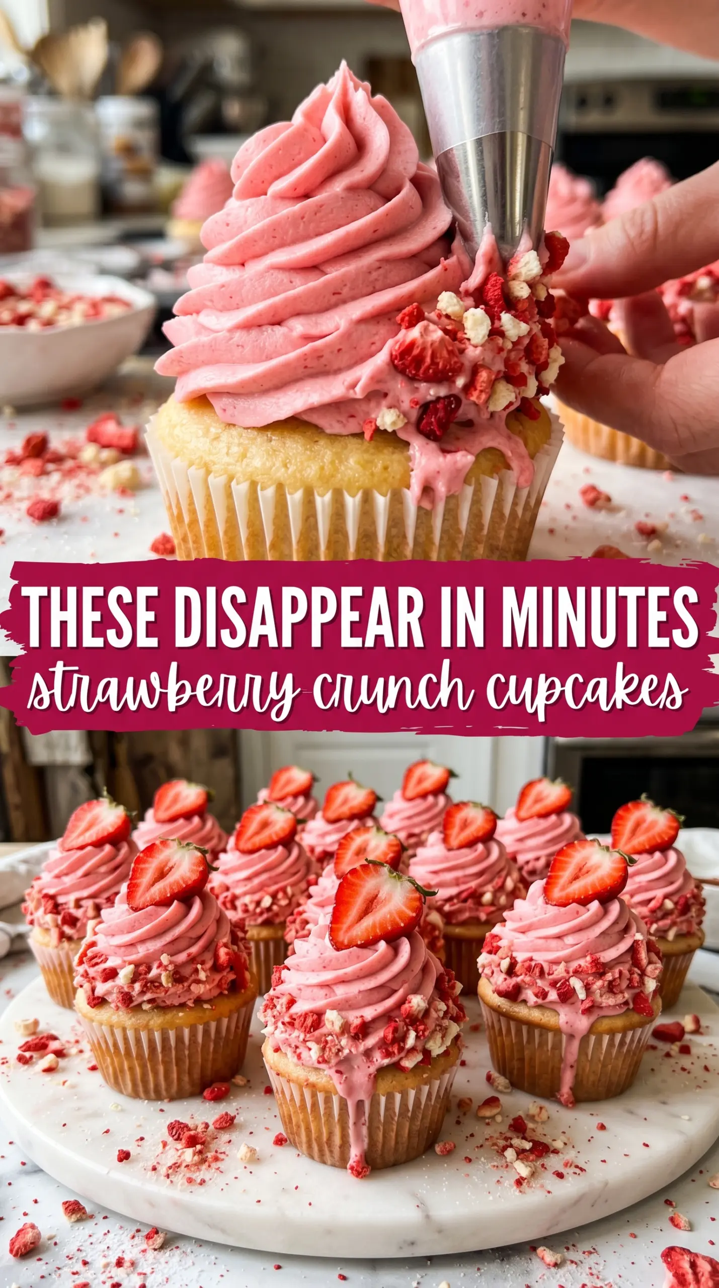 Strawberry Crunch Cupcakes pink frosting crunchy