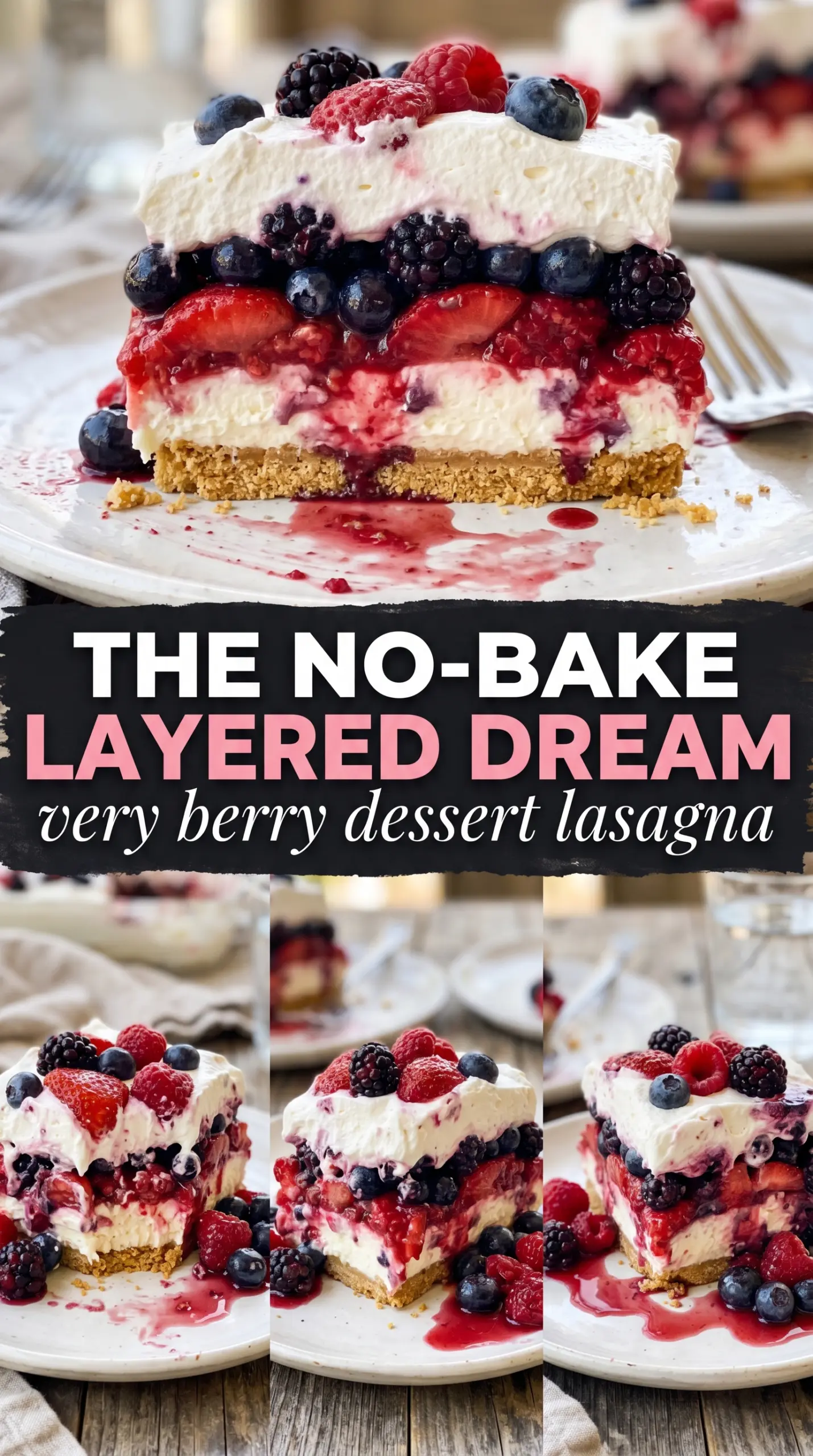 Very Berry Dessert Lasagna with golden crust, creamy layers, fresh berries