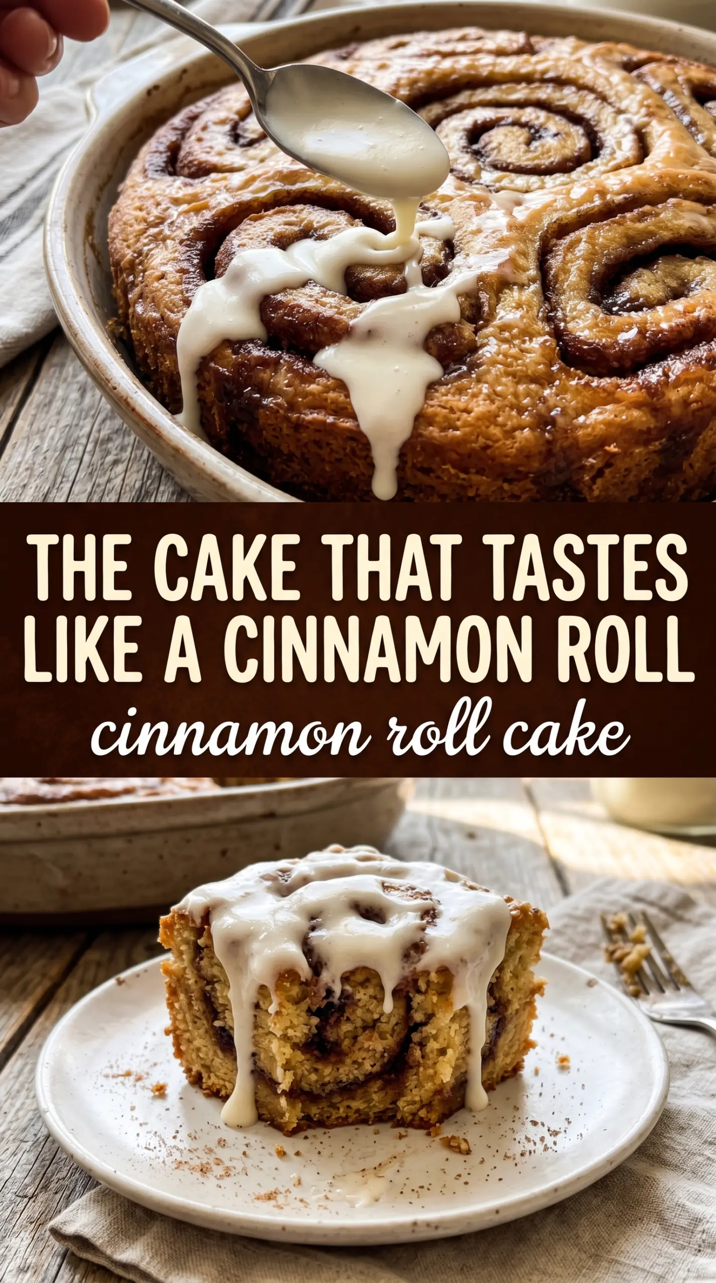 Cinnamon roll cake with cream cheese glaze, cinnamon swirl, bakery-style