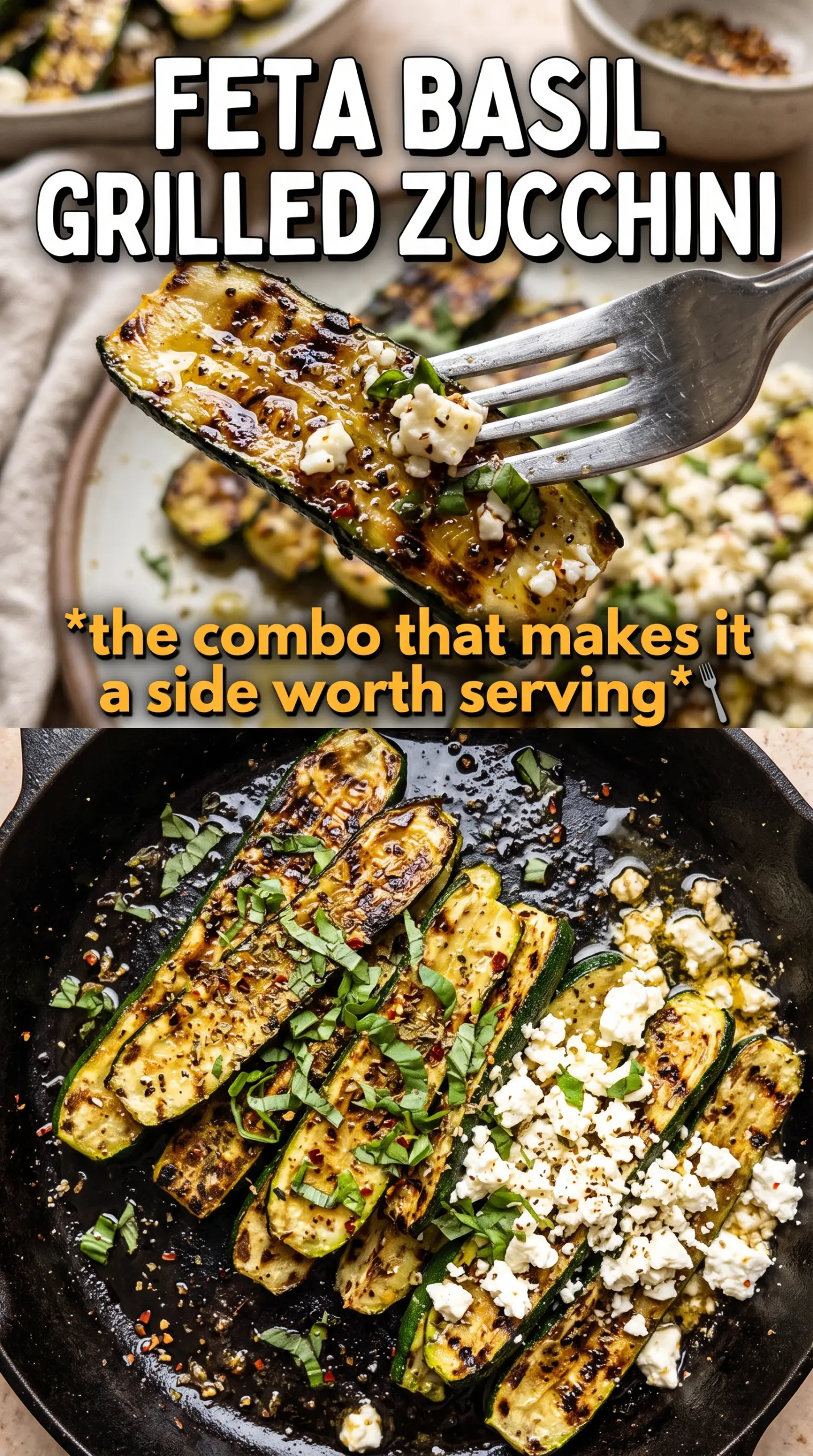 Grilled zucchini with feta and basil, charred Mediterranean side