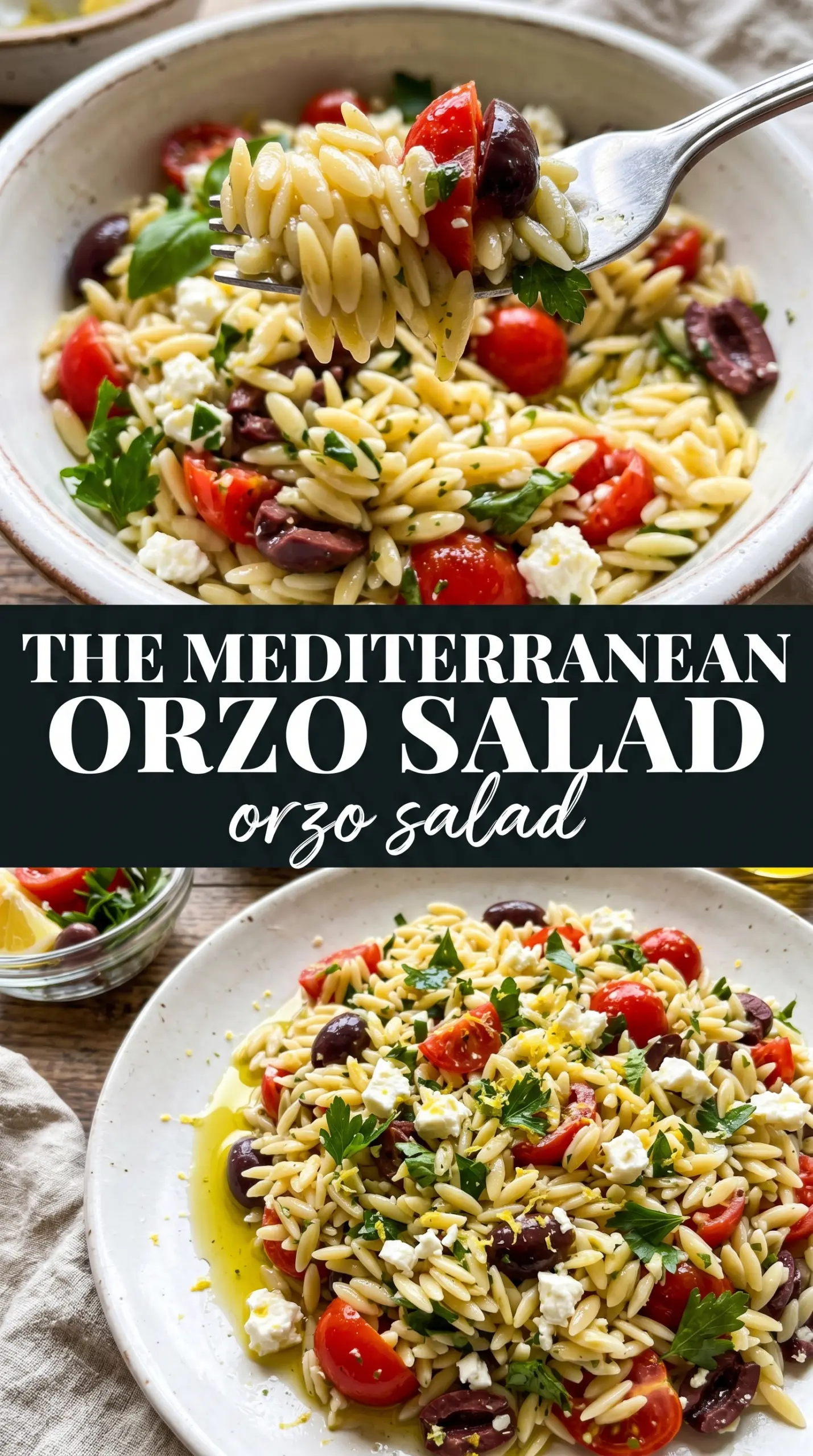 orzo salad with lemon herb, feta, colorful vegetables