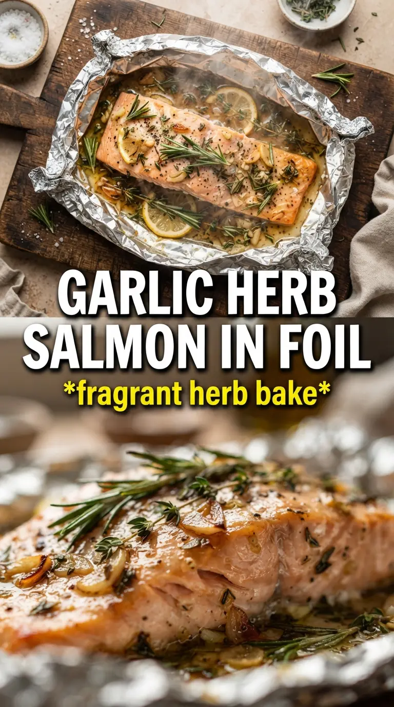 Baked salmon in foil with garlic rosemary thyme, tender, herbed, lemony