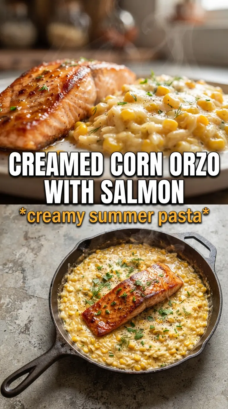 Creamed Corn Orzo with Salmon creamy corn salmon orzo