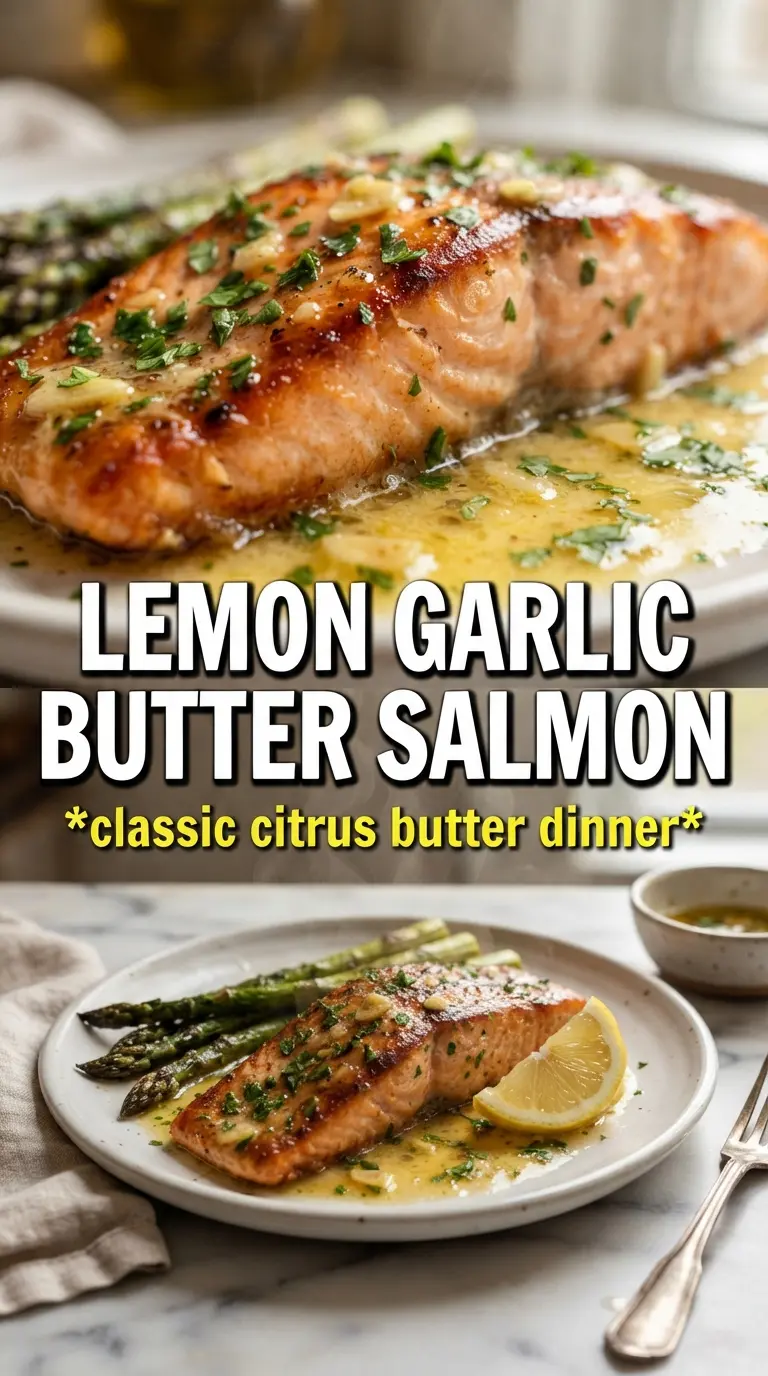 Lemon Garlic Butter Salmon, golden skillet, buttery sauce
